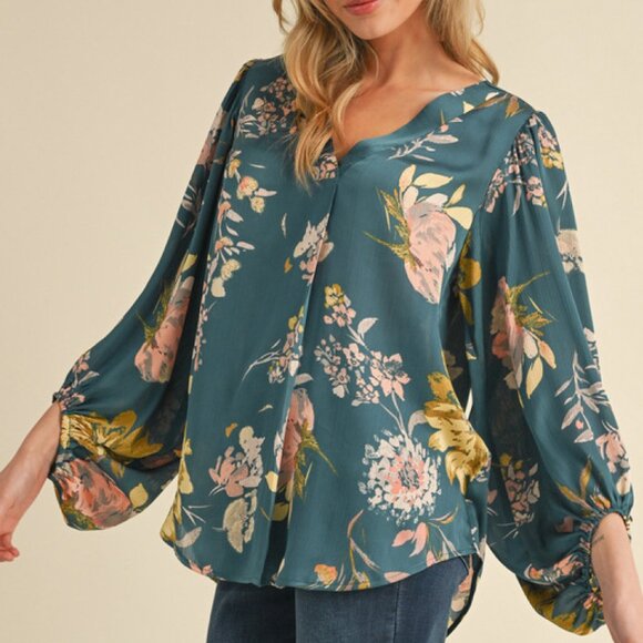NWT Jodifl Satin Floral Print Blouse With Bubble Sleeves In Teal - Picture 6 of 6